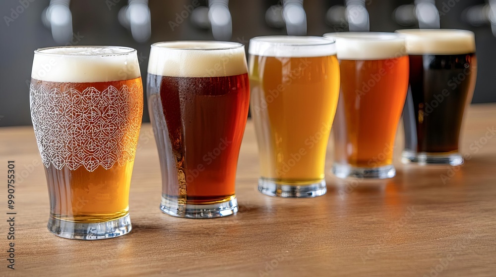 Handcrafted beer flight with unique labels and intricate glass designs, warm brewery atmosphere, brewery, handcrafted beer Handcrafted beer flight with unique labels and intricate glass designs, warm brewery atmosphere, brewery, handcrafted beer