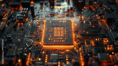 Computer board featuring circuits and chips, representing the inner workings of modern technology.