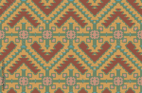 Mosaic Abstract Geometric Patternfolk Embroidery, Aztec Geometric Ornament Print. Design for Carpet, Wallpaper, Clothing, Wrapping, Fabric