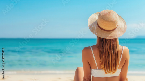 Beachside Bliss, vibrant scene of a young tanned woman gazing at the ocean, surrounded by soft sands, embodies summer vacation spirit, perfect for web banner design with ample copy space.