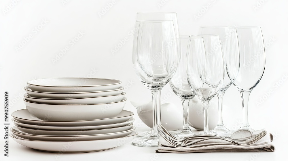 A neatly arranged set of clean tableware sits on a pristine white background. A neatly arranged set of clean tableware sits on a pristine white background.