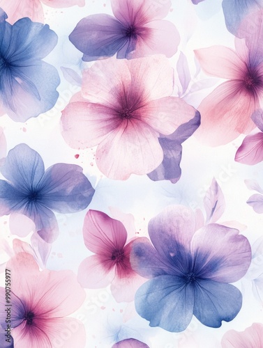 Wallpaper Mural Floral pattern with watercolor pink, blue, and white flowers on a light gray background. Torontodigital.ca