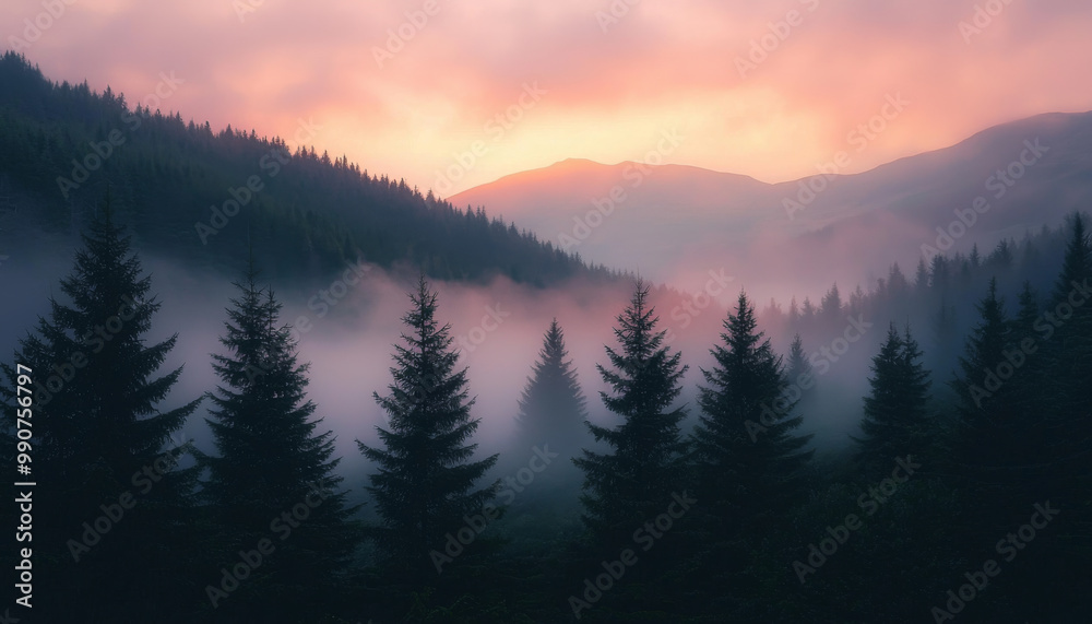 A serene forest landscape at dawn, shrouded in mist with vibrant hues of pink and purple in the sky. A serene forest landscape at dawn, shrouded in mist with vibrant hues of pink and purple in the sky.