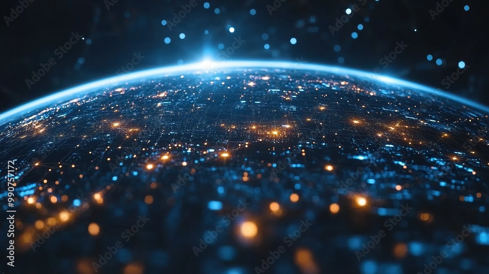 Obraz premium Digital data flow around an earth globe with communication lines, representing futuristic technology in global networks.