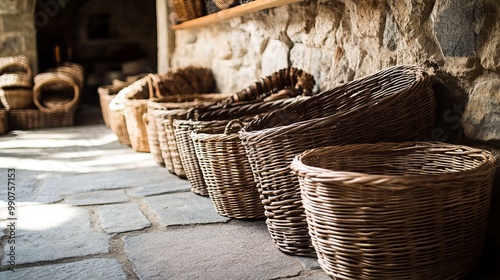 Wicker baskets placed on a stone floor with a rustic stone wall in the background, capturing the essence of a traditional Mediterranean store. 