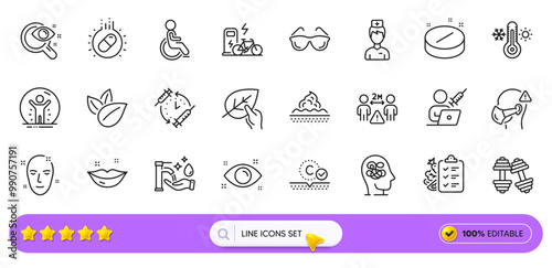 Electric bike, Skin care and Vaccination appointment line icons for web app. Pack of Organic tested, Capsule pill, Organic product pictogram icons. Collagen skin, Diet menu. Search bar. Vector
