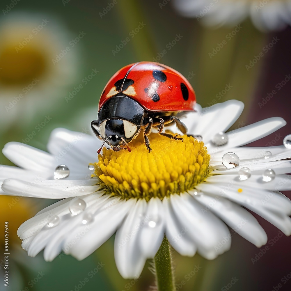 Ladybugs on daisies with dew drops, beautiful close up view of nature, perfect for background or garden themed design. Generative AI Ladybugs on daisies with dew drops, beautiful close up view of nature, perfect for background or garden themed design. Generative AI