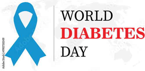 World Diabetes Day, Banner Design. Light Blue Ribbon on Illustration of world map
