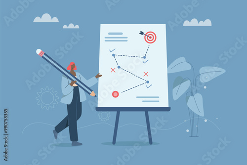 Competitor analysis and overcoming marketing obstacles, Business strategic planning towards success or goal, Business success, Businesswoman holding big pencil planning strategy with whiteboard.