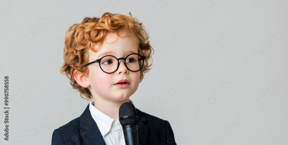 A young boy with curly hair and glasses confidently holds a microphone, ready to speak or perform in a stylish suit. A young boy with curly hair and glasses confidently holds a microphone, ready to speak or perform in a stylish suit.