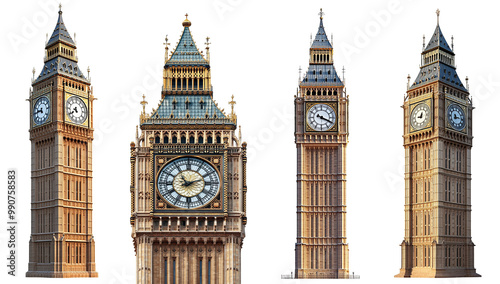 Big Ben iconic clock tower London four views transparent background