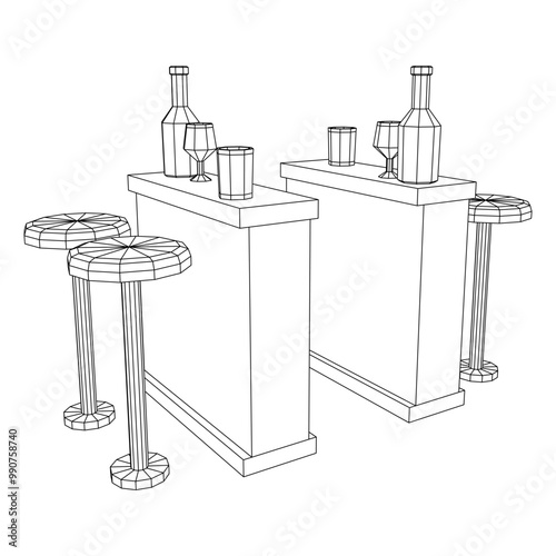 Bar counter with stools, bar top with bottles and glasses. Wireframe low poly mesh vector illustration.