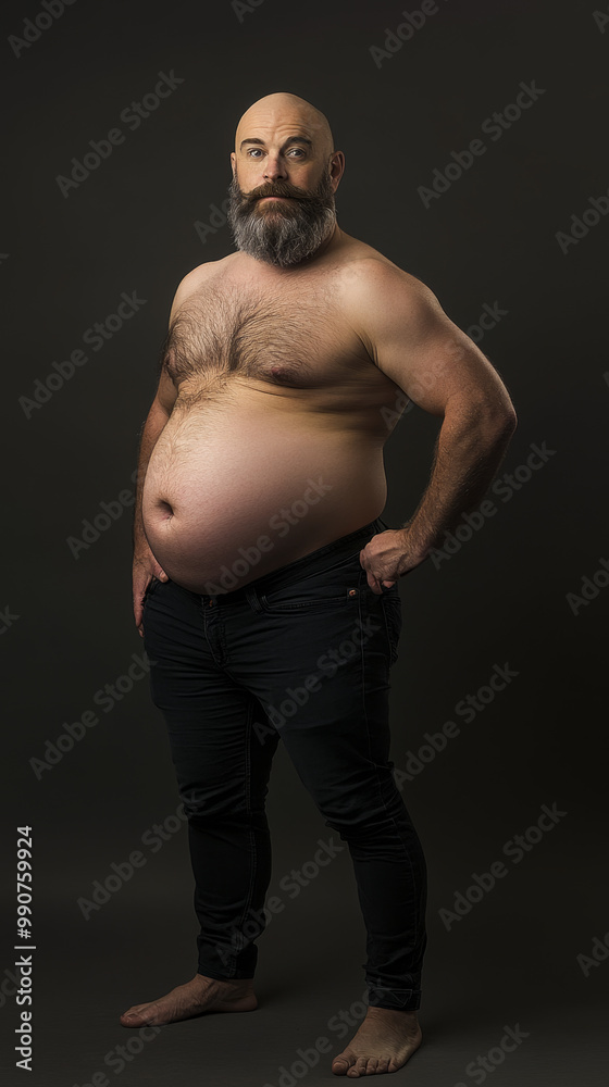 Fototapeta premium serious man with big belly posing in a studio with intense expression, big beard