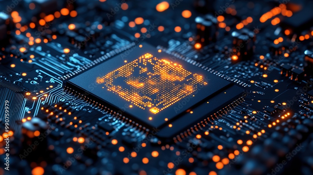 Illustration of a computer microchip on a motherboard, featuring AI text for artificial intelligence and machine learning concepts.