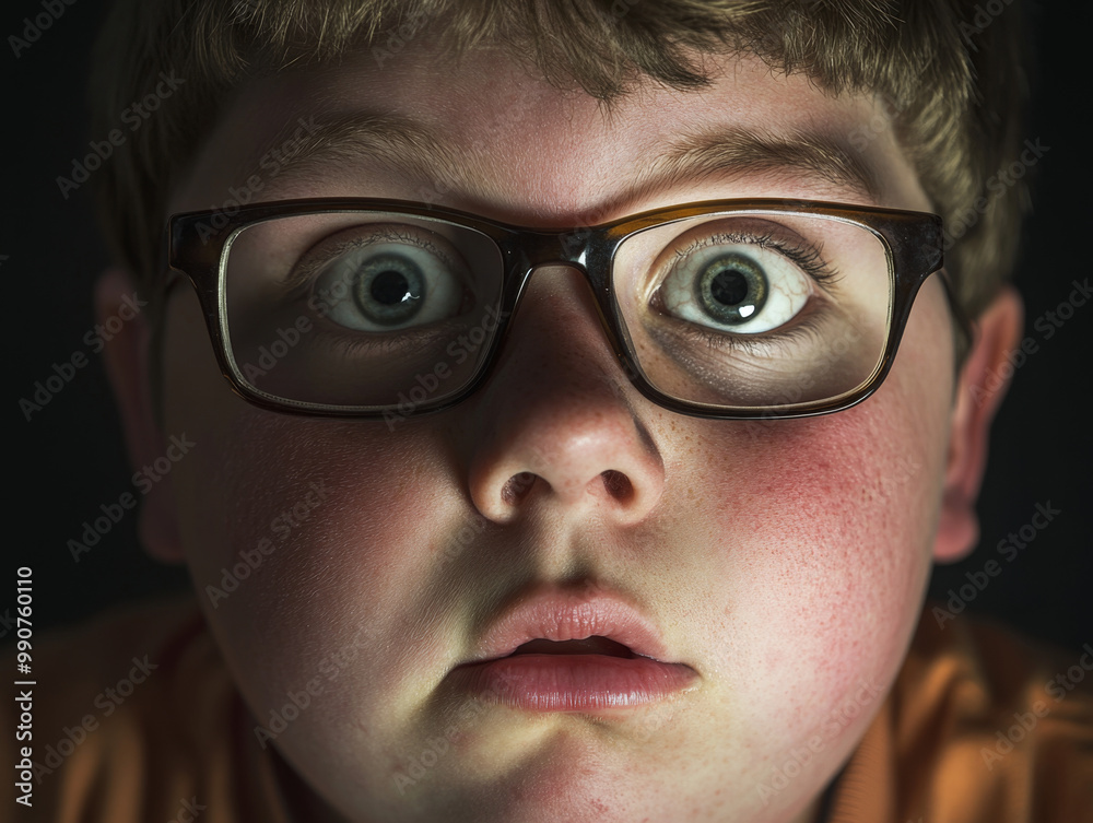 cute chubby gamer boy, Surprised young boy with glasses in a dark setting cute chubby gamer boy, Surprised young boy with glasses in a dark setting