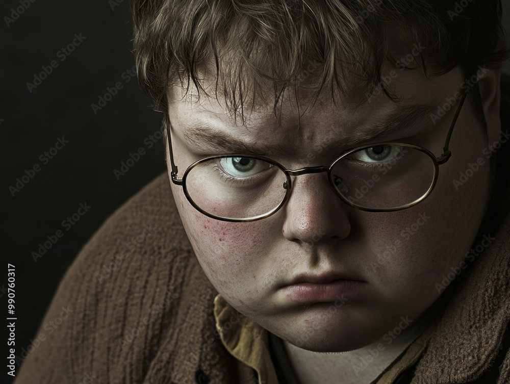 Portrait of a serious chubby gamer young boy with glasses in a dark room Portrait of a serious chubby gamer young boy with glasses in a dark room