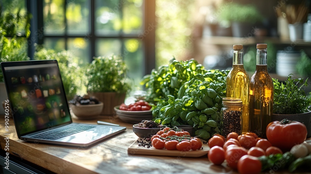 In a well-lit, modern kitchen, fresh ingredients and a laptop set the stage for culinary creativity, merging technology with home cooking adventures.