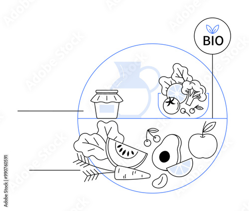 This image features a variety of organic foods and ingredients, including fruits, vegetables, and a jar, surrounded by a BIO label. Ideal for promoting organic produce, healthy eating, nutrition