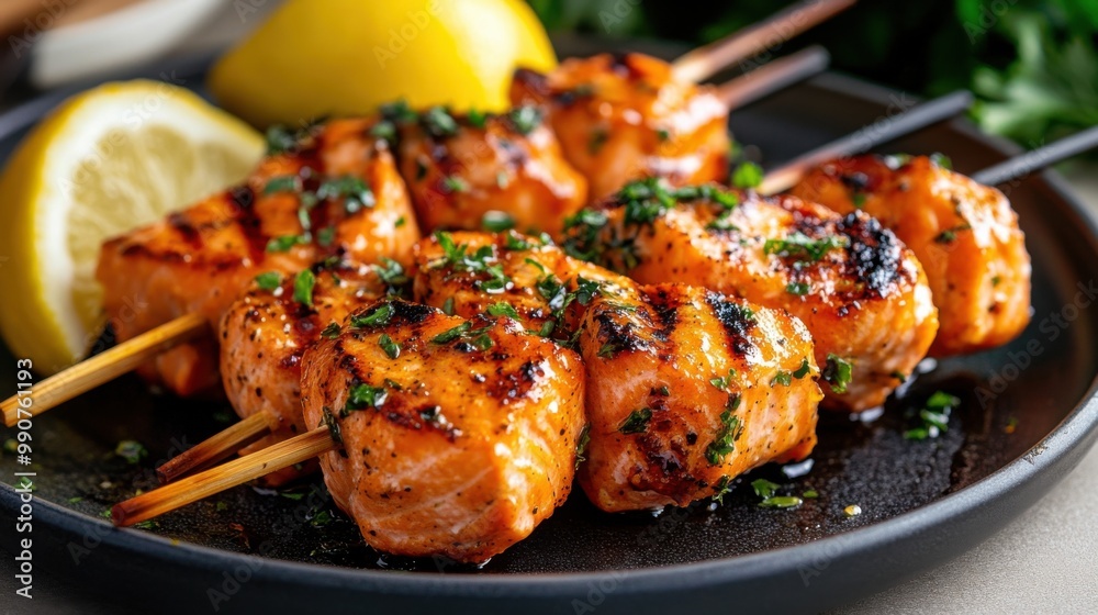 Grilled salmon skewers with herbs and lemon, served on a black plate, perfect for any gourmet meal. Grilled salmon skewers with herbs and lemon, served on a black plate, perfect for any gourmet meal.