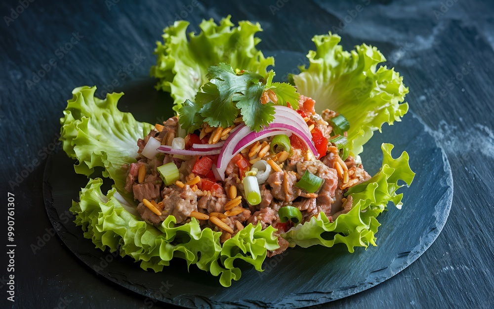 Beef salad with lettuce, onion, tomato, and cilantro on a black slate plate. Beef salad with lettuce, onion, tomato, and cilantro on a black slate plate.