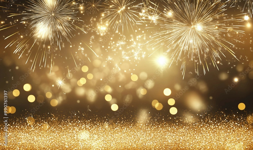 Fototapeta premium A Festive Celebration of Golden Fireworks and Glitter with Abstract Bokeh Magic 