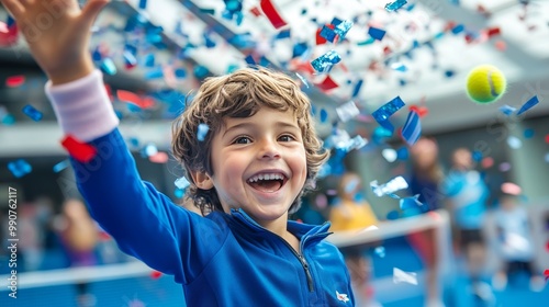 A young boy is playing tennis with a tennis ball and confetti photo