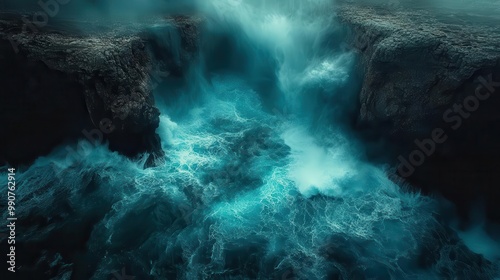 dramatic aerial view of rugged coastline with turquoise waves crashing against weathered cliffs misty sea spray rising