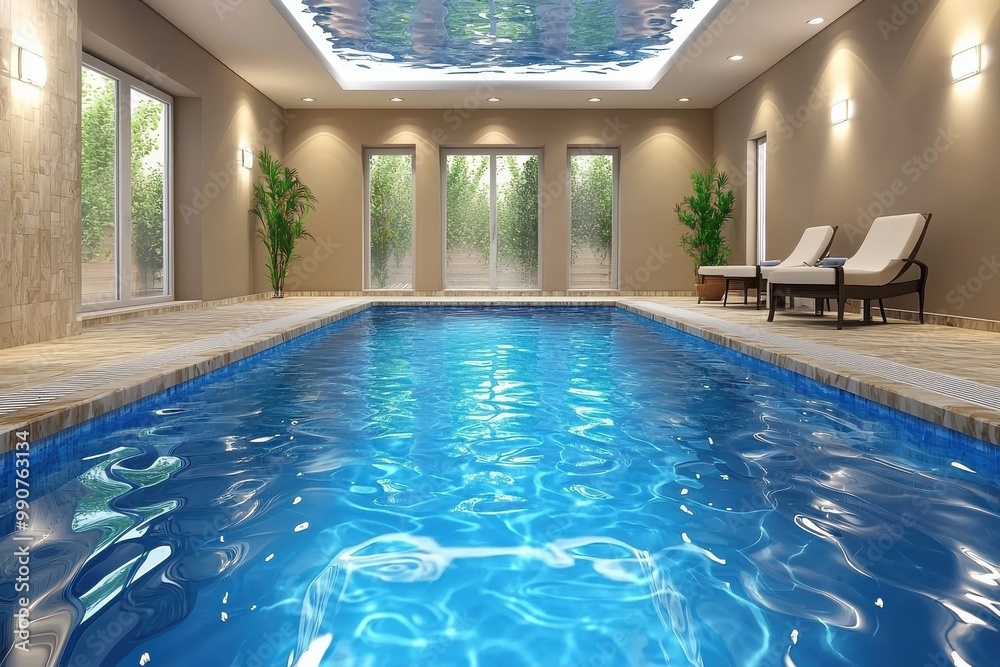 Obraz premium Luxurious indoor swimming pool with glass ceiling and greenery