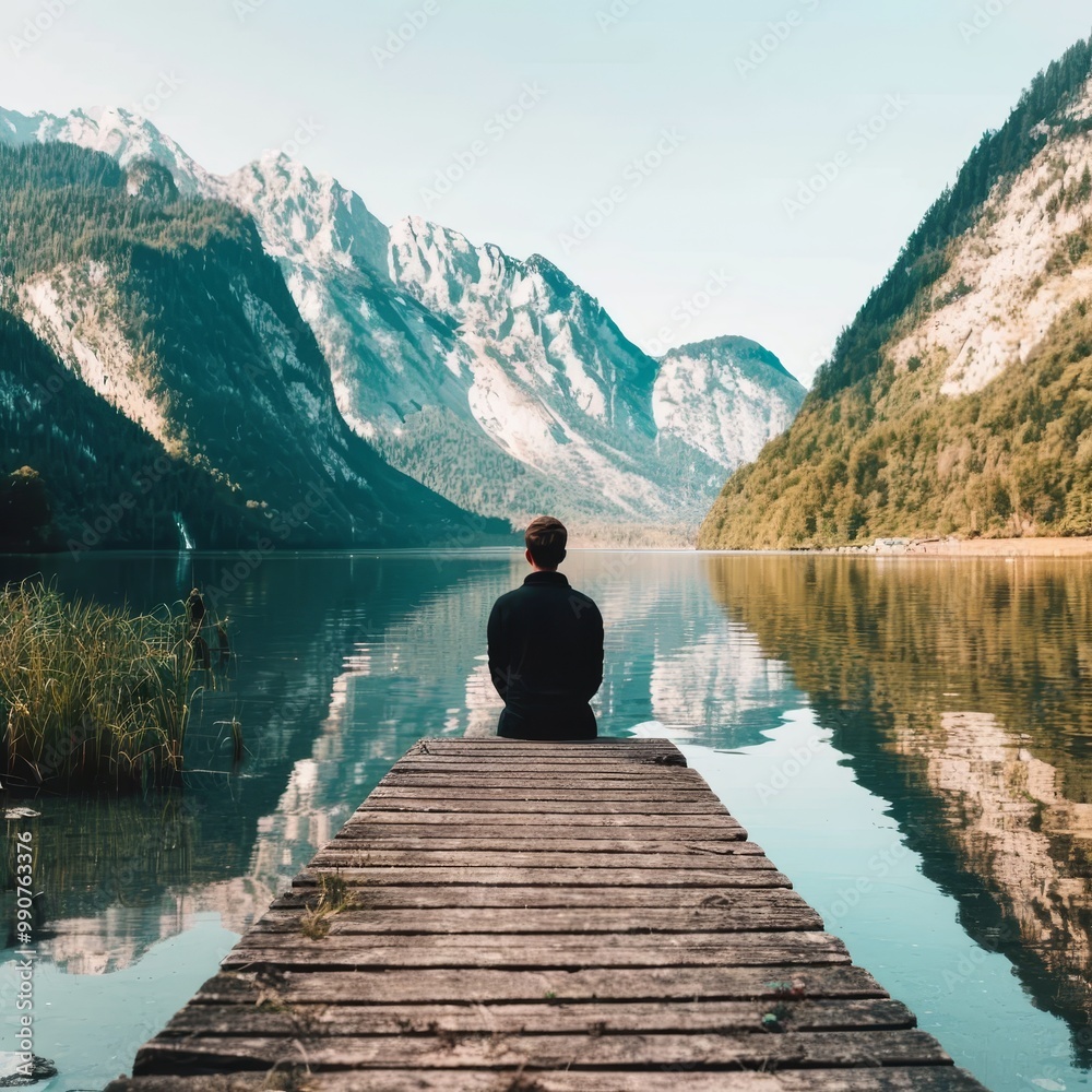 Solitude and Serenity. Contemplation on a Tranquil Mountain Lake during Labor Day Retreat Solitude and Serenity. Contemplation on a Tranquil Mountain Lake during Labor Day Retreat