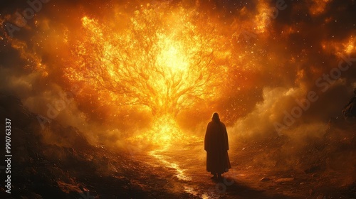 dramatic biblical scene depicting moses facing a vibrant mystical burning bush warm golden light illuminates the awestruck figure against a dark desert backdrop photo