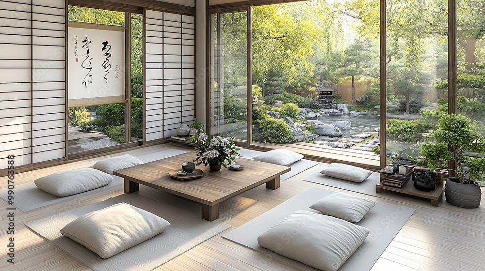 A tranquil Japanese tea room with tatami mats, low wooden tea table, and shoji sliding doors overlooking a serene garden, minimalist decor with a calligraphy scroll and ikebana arrangement, A tranquil Japanese tea room with tatami mats, low wooden tea table, and shoji sliding doors overlooking a serene garden, minimalist decor with a calligraphy scroll and ikebana arrangement,