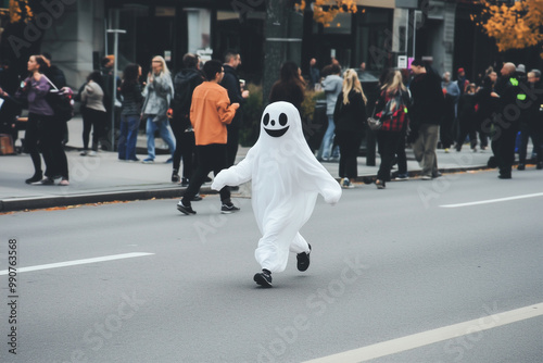 Wallpaper Mural Happy person in ghost costume running during city Halloween parade with crowd in background, fun spooky celebration moment Torontodigital.ca