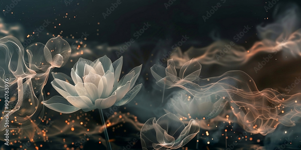 Obraz premium A romantic and elegant artistic image with a soft focus of a flower pink loutus in a summer morning with dew on the grass close-up. Luxury vintage floral collection for wedding invitation, wallpaper.