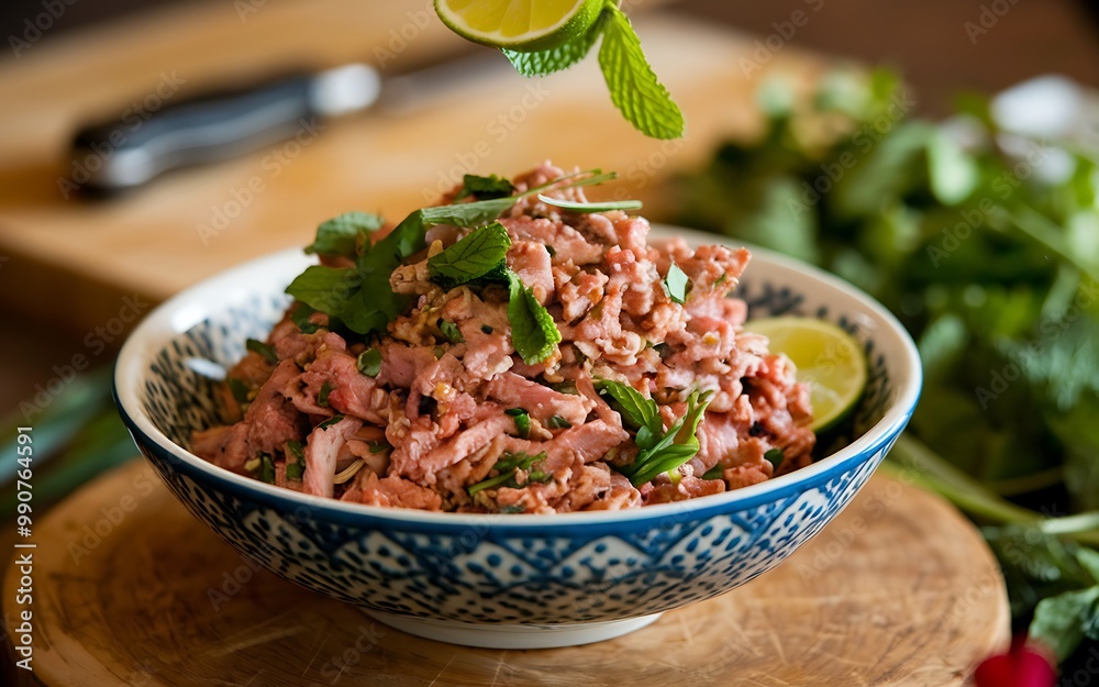 A bowl of shredded meat salad with fresh mint and lime. A bowl of shredded meat salad with fresh mint and lime.