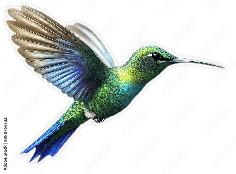 Obraz premium Hummingbird in Flight, Green and Blue Bird with Spread Wings