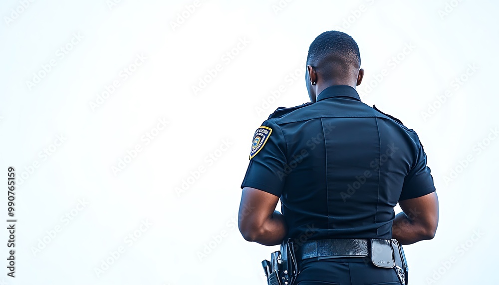 Police Officer Standing with Back to Camera Against Clear Sky Police Officer Standing with Back to Camera Against Clear Sky