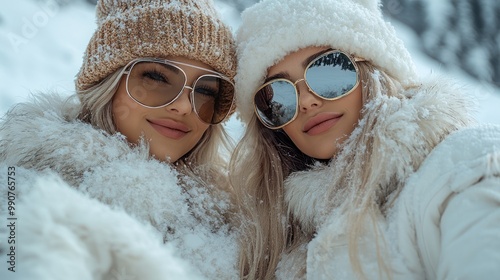 Two friends close together in winter wonderland. photo