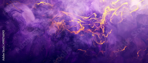 Shiny, glowing background with purple swirl of smoke, golden dust, shimmer, particles. Steam effect. Smoky mockup for celebrating. Generative ai	
