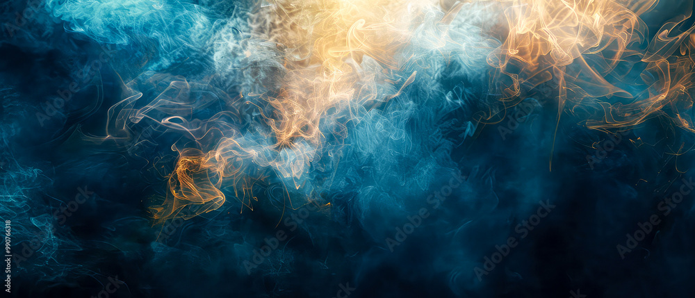 Fototapeta premium Shiny, glowing background with blue swirl of smoke, golden dust, shimmer, particles. Steam effect. Smoky mockup for celebrating. Generative ai