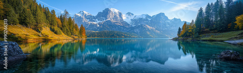 Serene Mountain Lake Reflections: A breathtaking panorama unfolds, showcasing a pristine mountain lake reflecting the majestic peaks and vibrant foliage of an autumnal landscape.