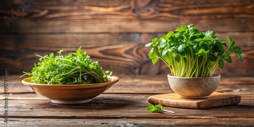 Vietnamese coriander plant in bowl and plate on wooden table photo