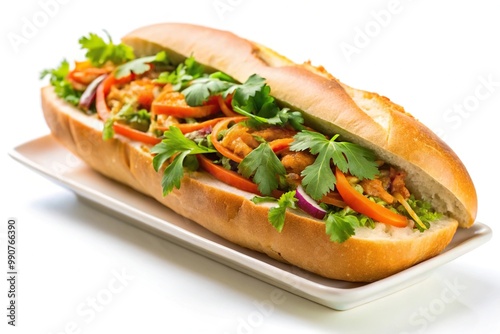 Vietnamese Banh Mi dish isolated on white background with shallow depth of field photo