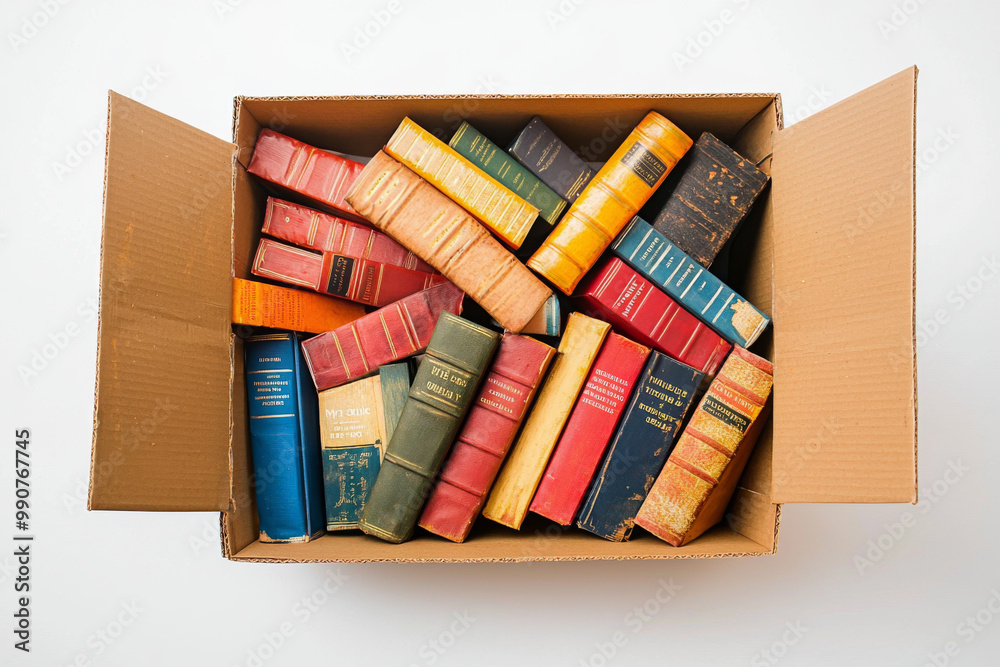 A cardboard box filled with assorted vintage books in various colors ...