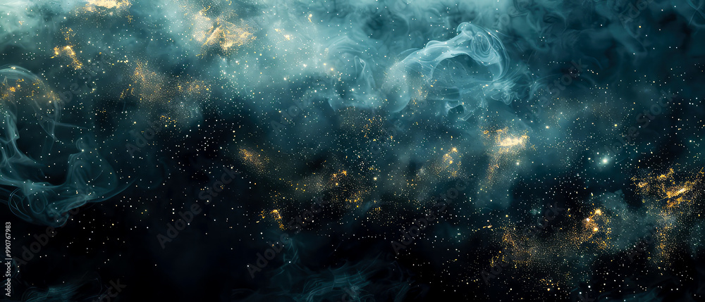 Fototapeta premium Shiny, glowing background with blue swirl of smoke, golden dust, shimmer, particles. Steam effect. Smoky mockup for celebrating. Generative ai