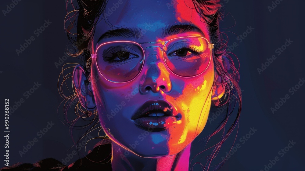The woman in the portrait has a charming look that attracts attention. Neon accents emphasize its beauty and mystery The woman in the portrait has a charming look that attracts attention. Neon accents emphasize its beauty and mystery