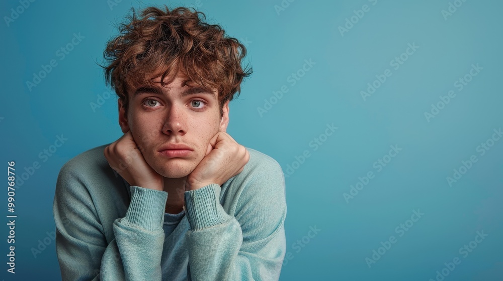 Portrait of a young man on a blue background who looks unhappy. His expression speaks of sad memories that do not leave him Portrait of a young man on a blue background who looks unhappy. His expression speaks of sad memories that do not leave him