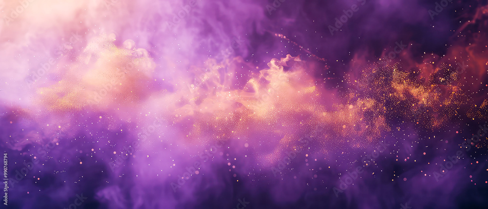 Fototapeta premium Shiny, glowing background with purple swirl of smoke, golden dust, shimmer, particles. Steam effect. Smoky mockup for celebrating. Generative ai 