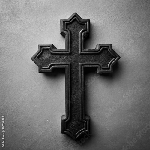 A textured black cross mounted on a grey wall, creating a simple yet bold religious symbol with a sense of solemnity and reverence.