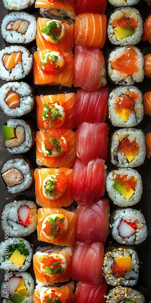 Assorted sushi rolls beautifully arranged, bird's-eye perspective, space for text