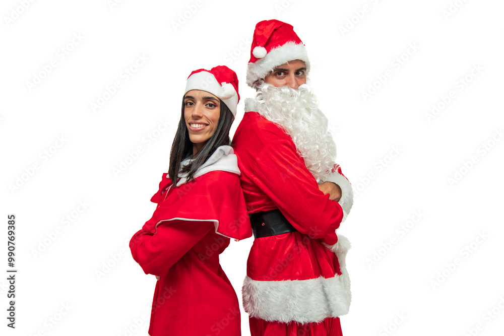 Happy Couple Dressed as Santa Claus Posing Back to Back with Smiles for the Camera white background Happy Couple Dressed as Santa Claus Posing Back to Back with Smiles for the Camera white background